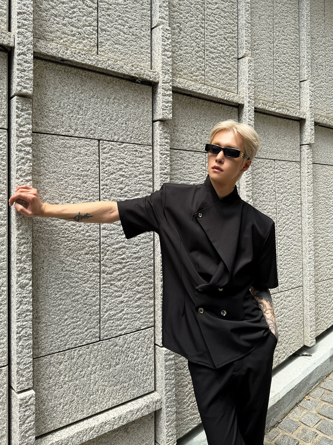 Irregular Stand Collar Padded Shoulder Shirt