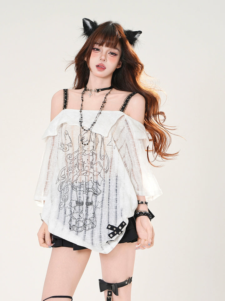 Sheer One-Shoulder Graphic Short-Sleeve Top
