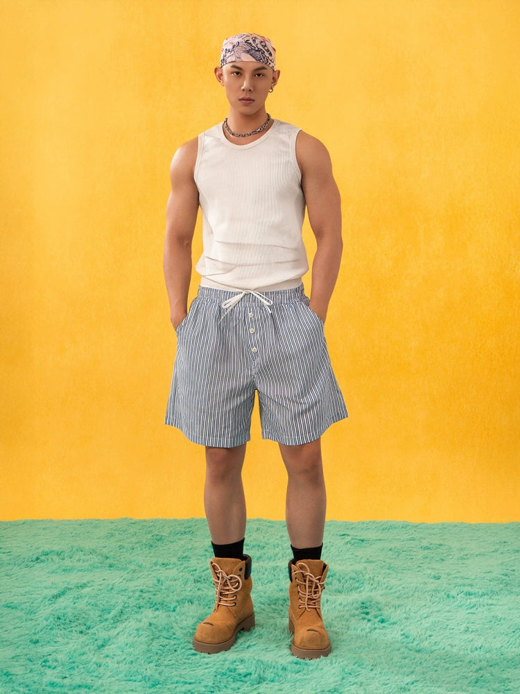 Striped Button Elastic Waist Casual Pants