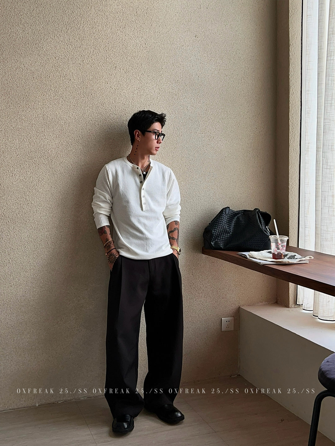 Textured Henley Collar Bottoming Pullover