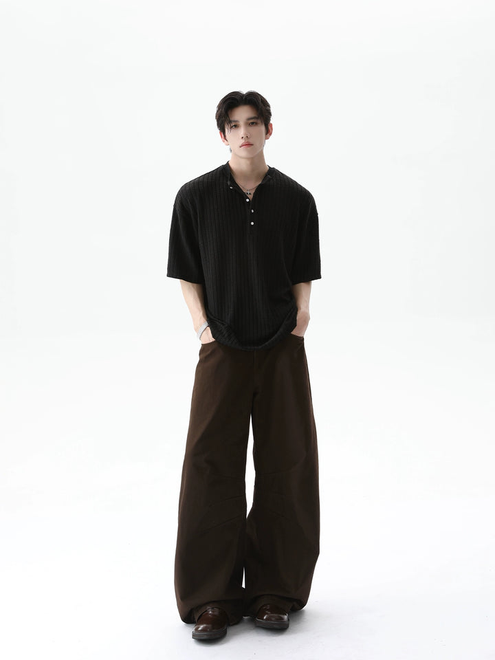 Ribbed Henley Collar Short Sleeve Pullover