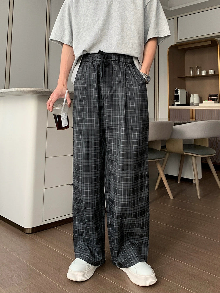 Plaid Elastic Waist Wide-Leg Casual Pants