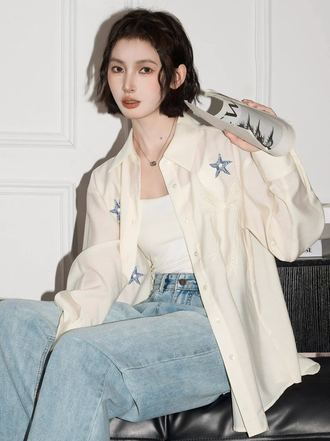 Embroidered Star Long Sleeve Shirt Jacket