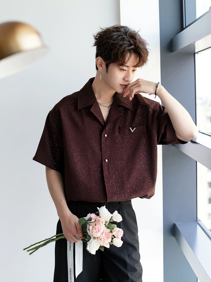 Sequined Cuban Collar Short Sleeve Shirt