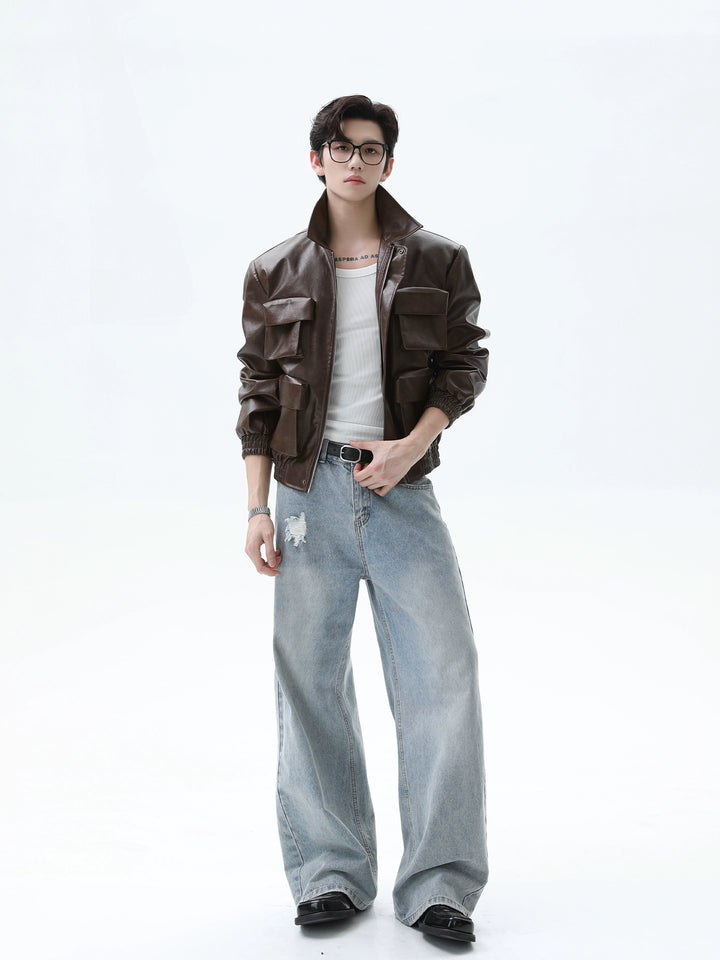 Retro Multi-Pocket Leren Motorjack