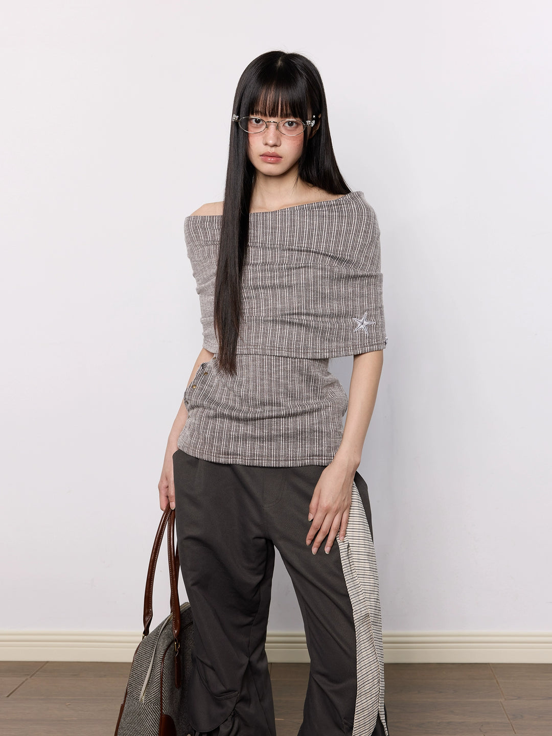 Off Shoulder Ribbed Knit Short Sleeve Top