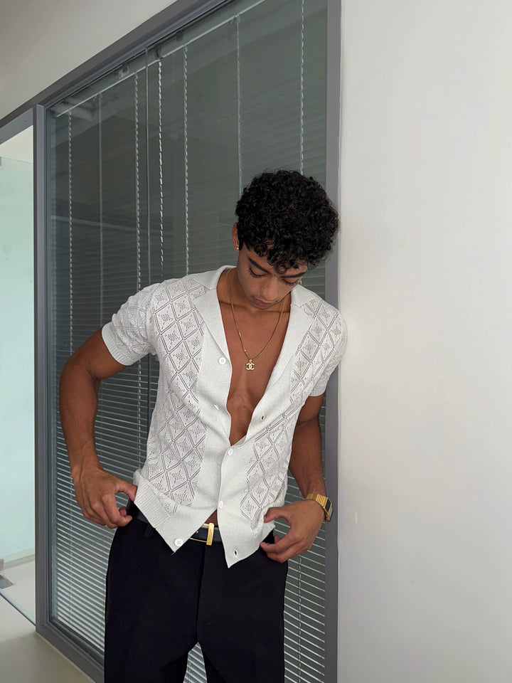 Diamond Quilted Cuban Collar Knit Shirt