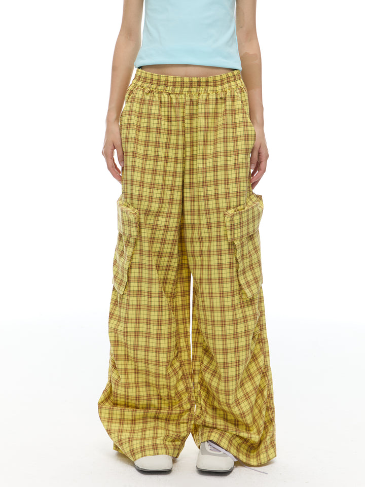 Plaid Loose Wide-Leg Cargo Pants