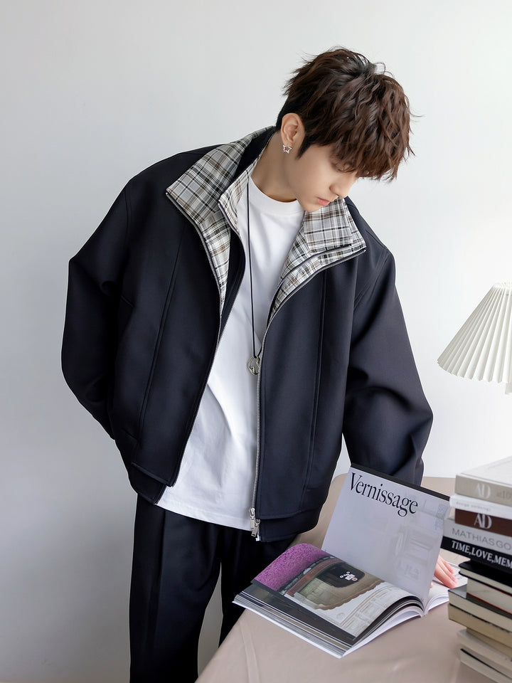 Double-Layer Plaid Collar Jacket