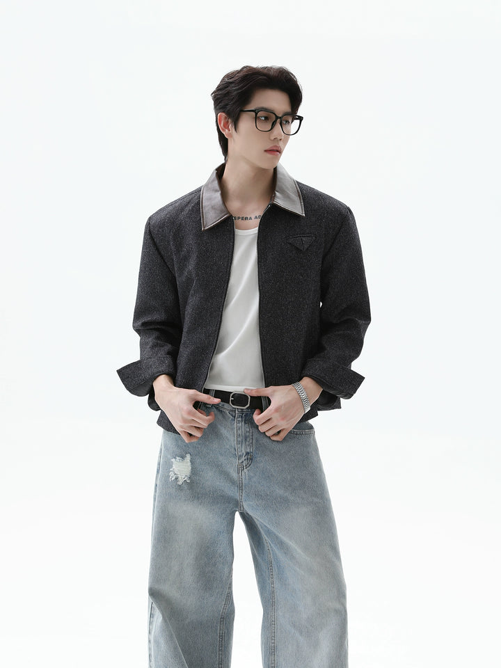 Leather Splicing Lapel Zipper Jacket