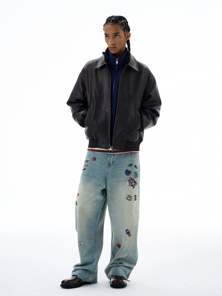 Bredbenede løse patchwork jeansbukser