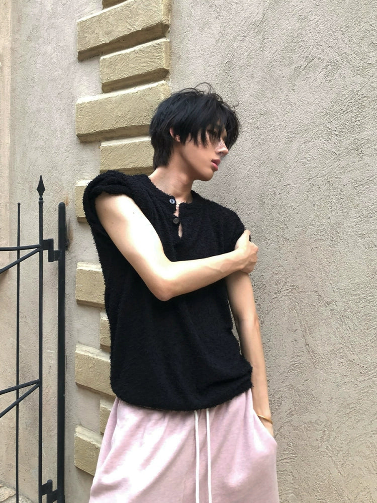 Rice Powder Yarn Henley Short Sleeve Pullover