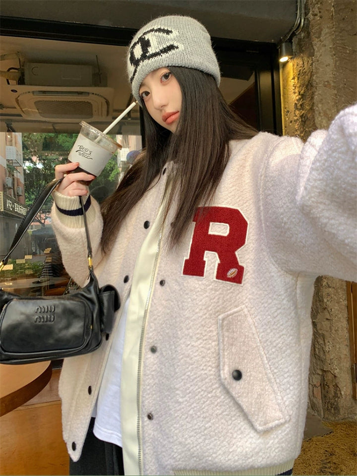 Quilted Wool Letterman Baseball Jacket Coat