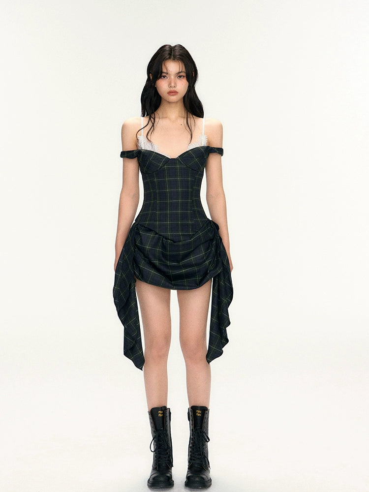 Plaid Lace Trim Drawstring Suspender Dress