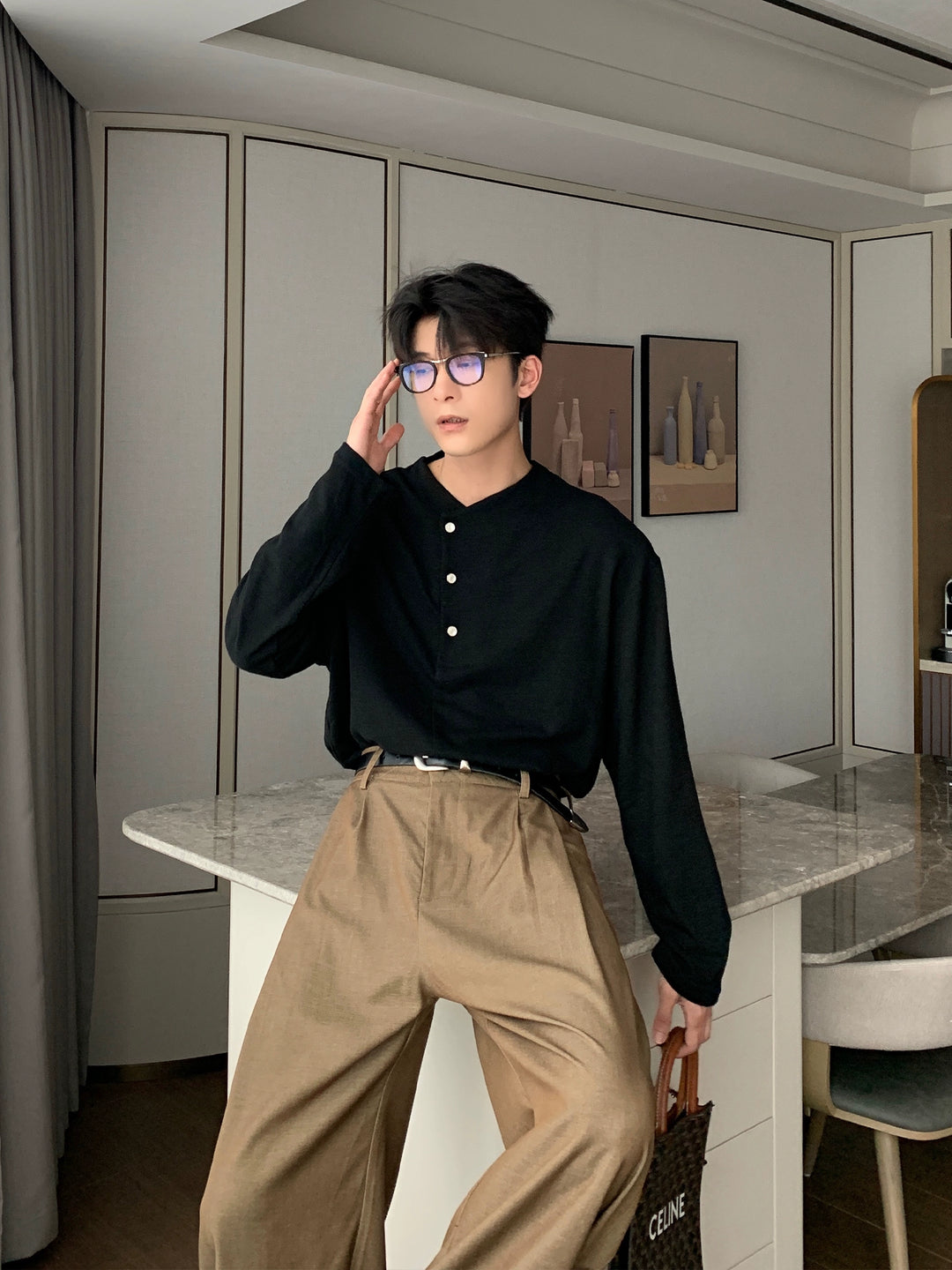 Textured Henley Long Sleeve Pullover Top