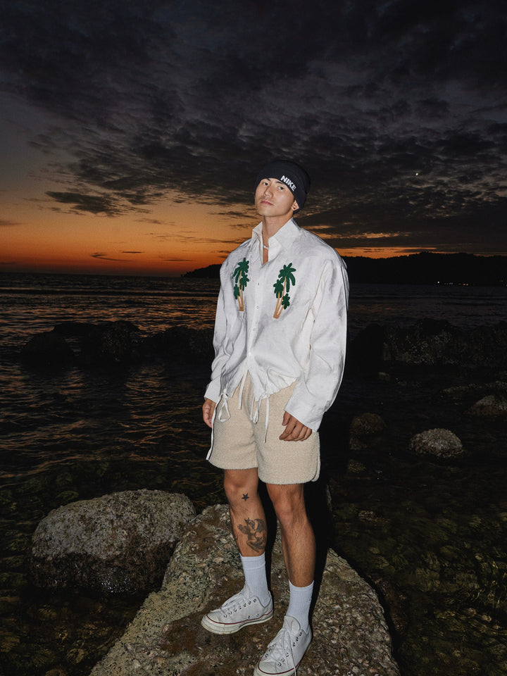 Brodert kokosnøtttre justerbar langermet skjorte