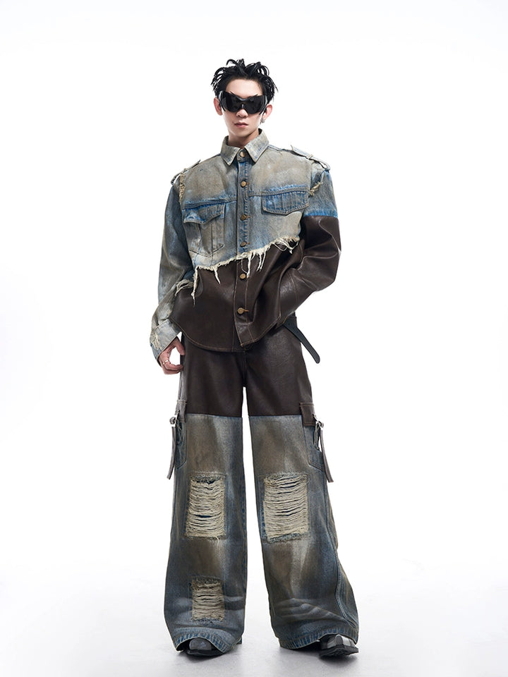 Damaged Denim Leather Patchwork Jacket and Pants