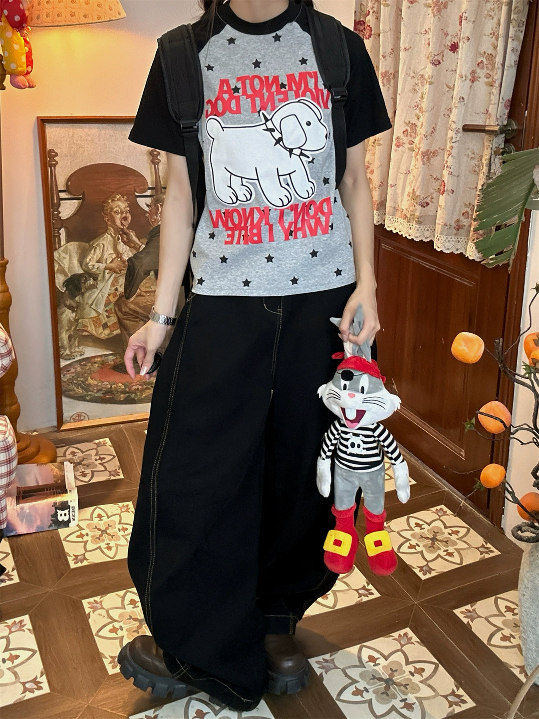 Cartoon Puppy Embroidered Raglan T-shirt