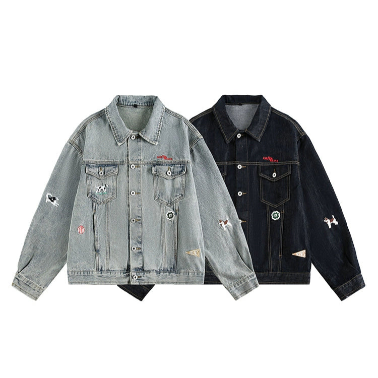 Brodert valp retro denim arbeidsjakke