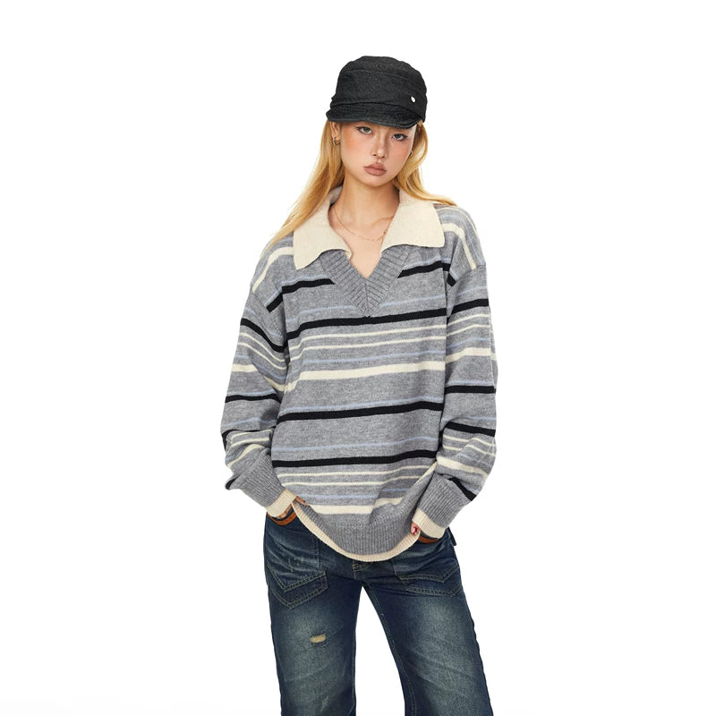 Striped Collared Knit Patchwork Sweatshirt