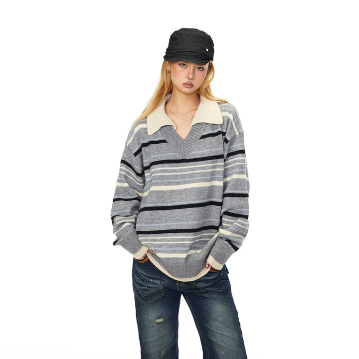 Striped Collared Knit Patchwork Sweatshirt