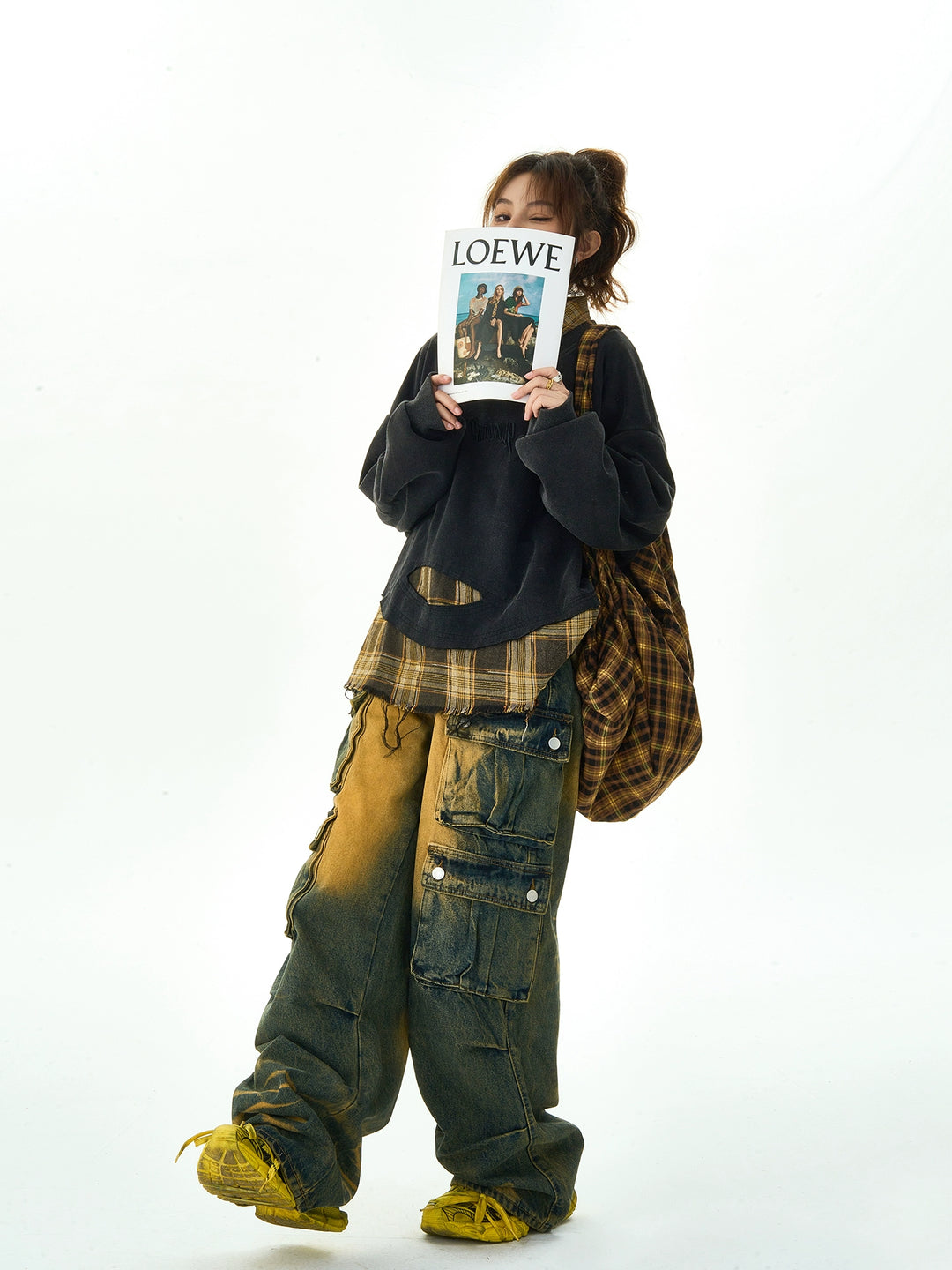 Plaid Splice Distressed Sweatshirt