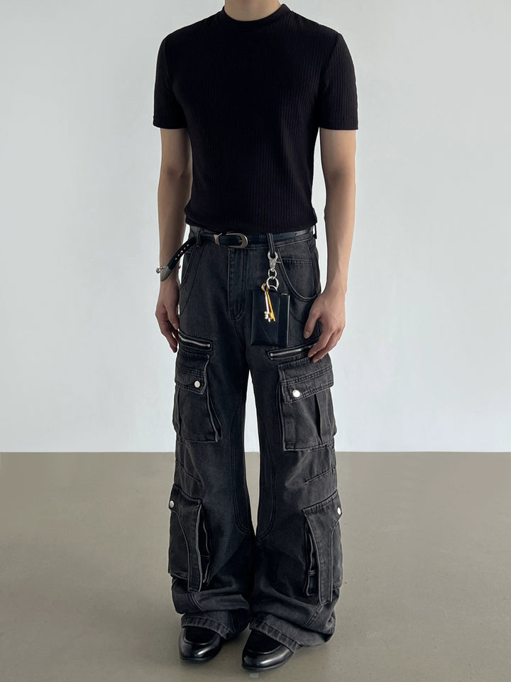 Denim Weite Beinform Mehrfachtaschen Cargo-Hose