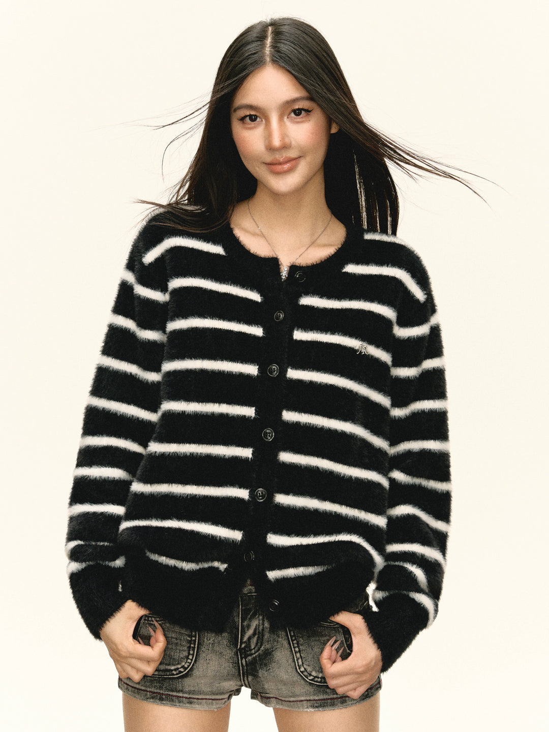 Fuzzy Striped Button-Up Knit Sweater