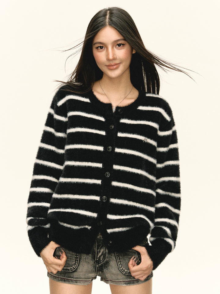 Fuzzy Striped Button-Up Knit Sweater