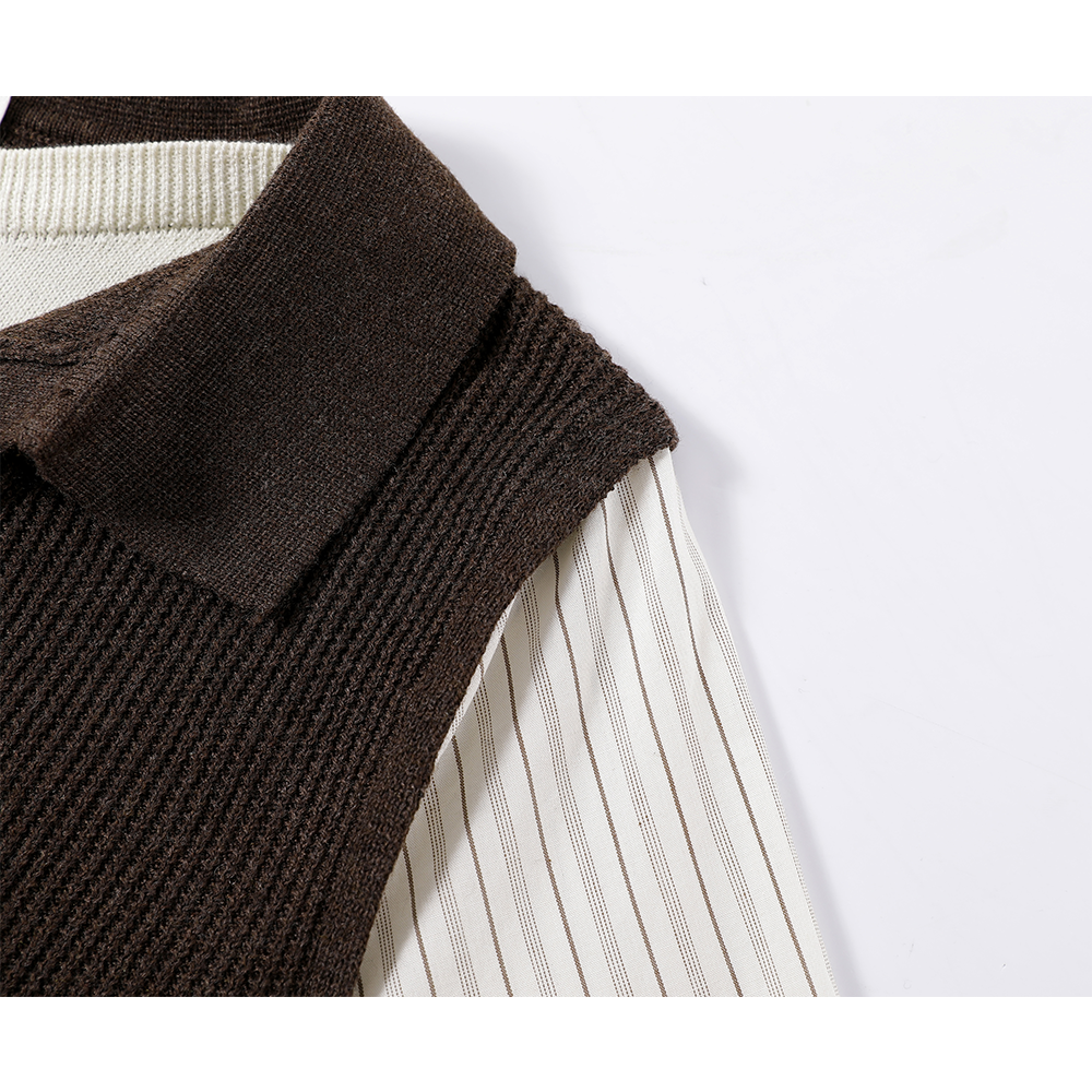 Striped Sleeves Collared Knit Vest Shirt