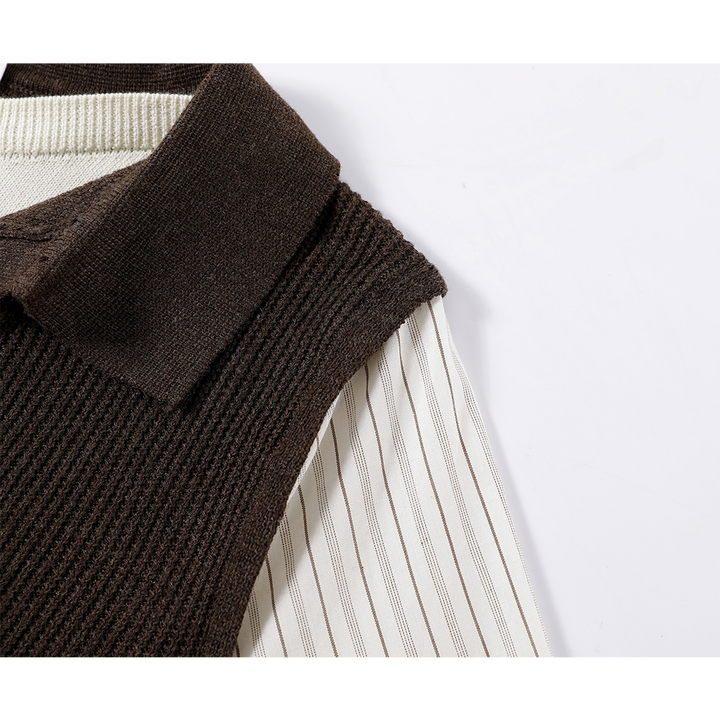 Striped Sleeves Collared Knit Vest Shirt