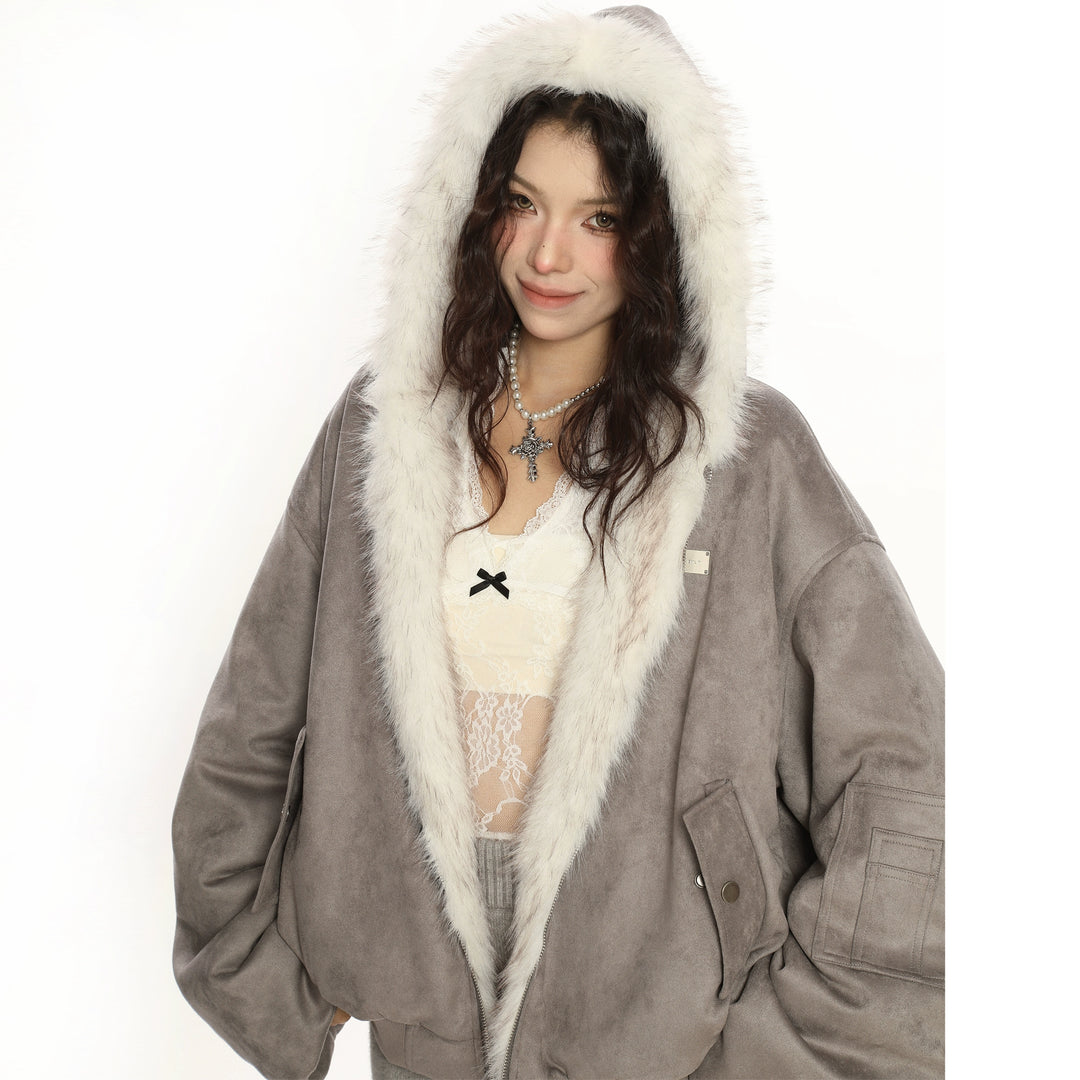 Suede Double-Sided Faux Fur Hooded Coat