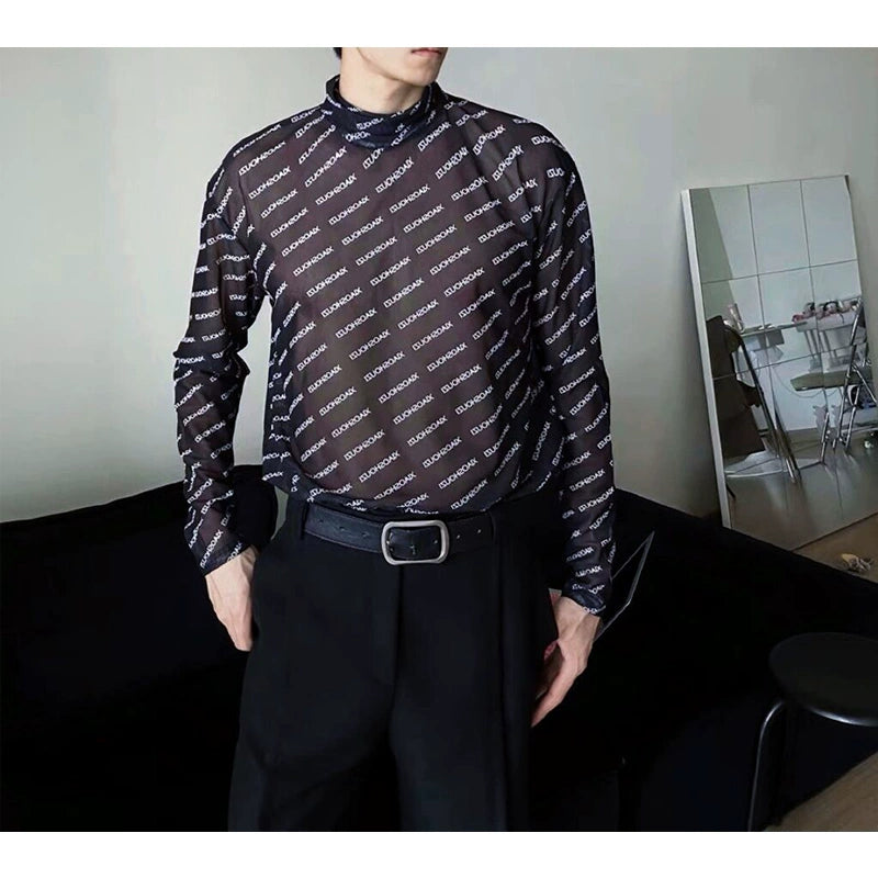 Mesh Turtleneck Letter Print Pullover Shirt