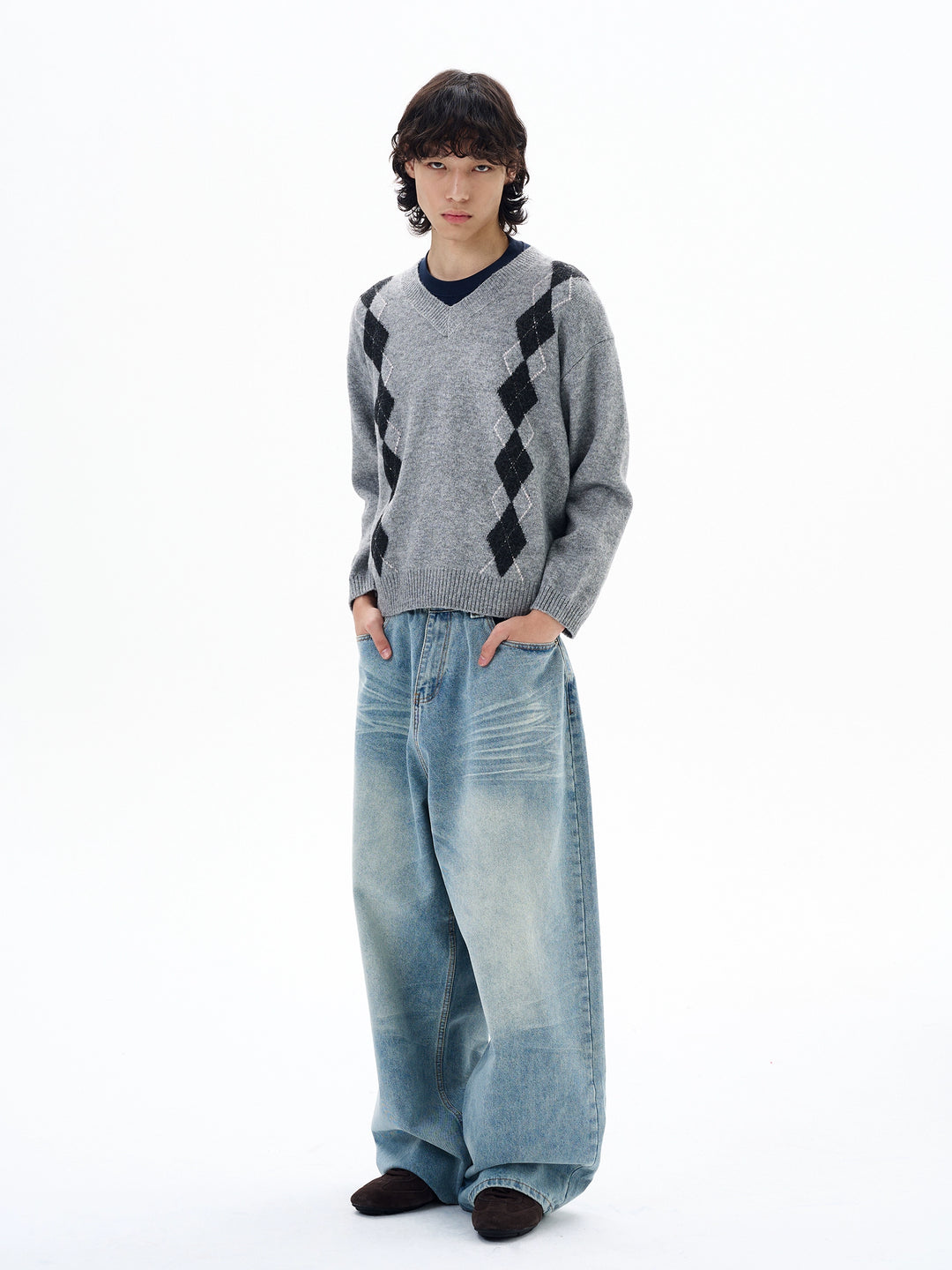 Diamantmønster Uldblandings V-Hals Sweater