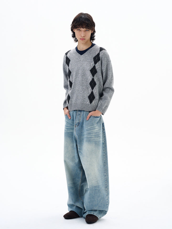 Diamantmønster Uldblandings V-Hals Sweater