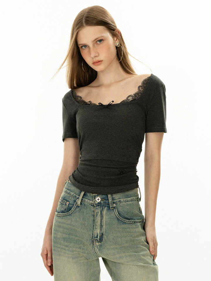 Lace Square Neck Short Sleeve Top