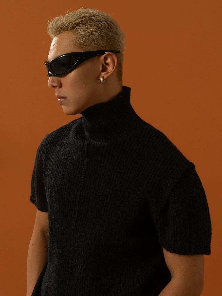 Short Sleeve High Collar Knit Sweater