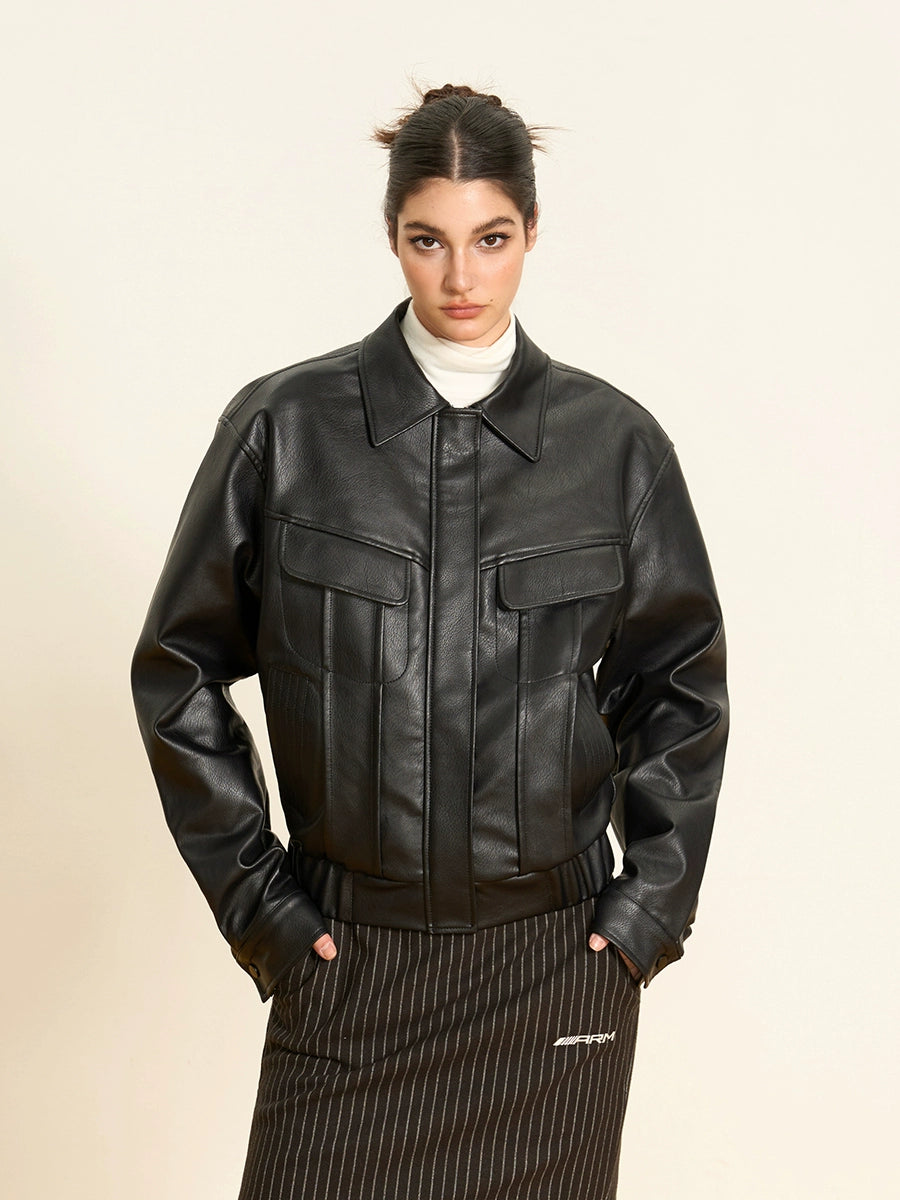Retro krátká motocyklová bunda z umělé kůže