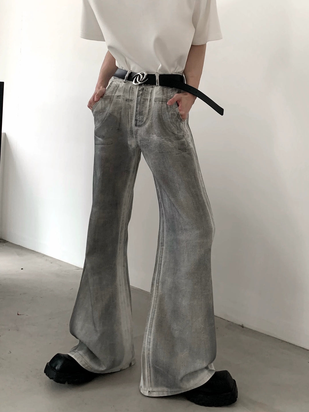 Washed Distressed Flared High Waist Jeans