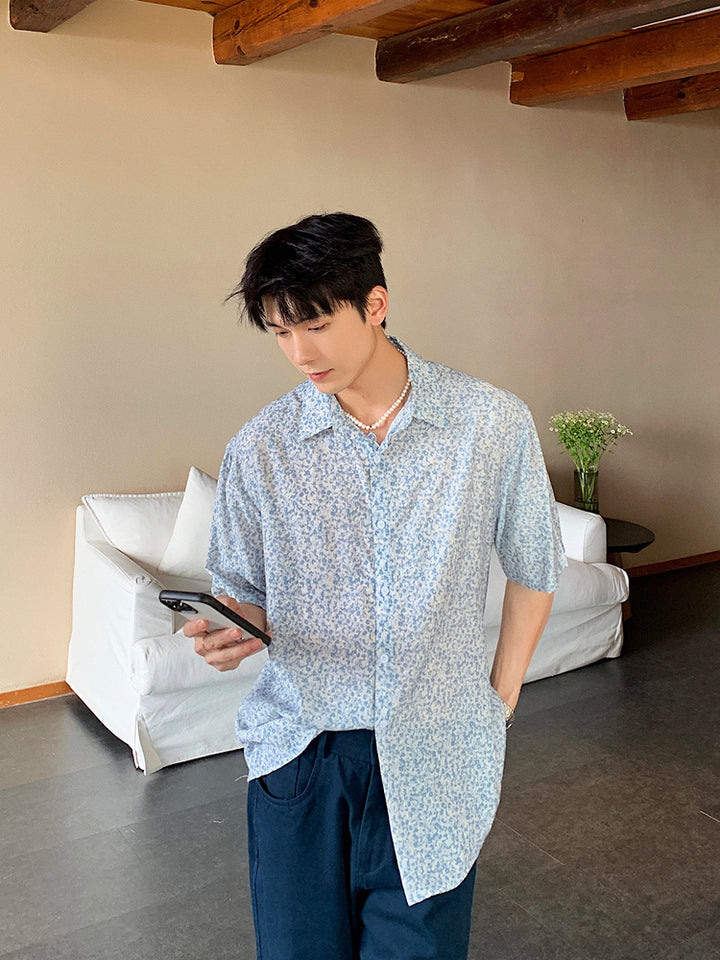 Blue Short-Sleeve Floral Shirt
