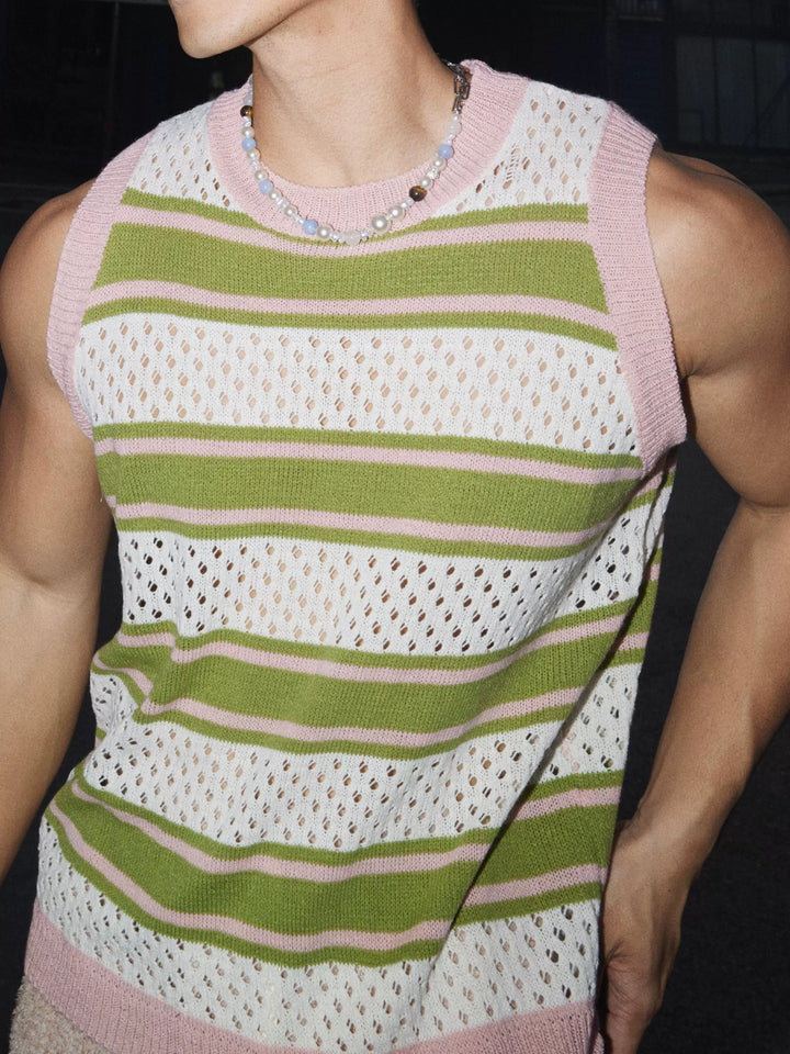 Knit Striped Vacation Style Sleeveless Vest