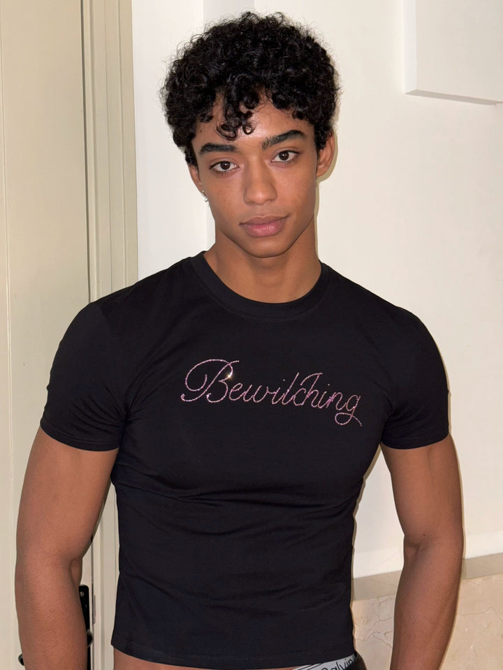 Rhinestone Lettering Fitted Short Sleeve T-shirt