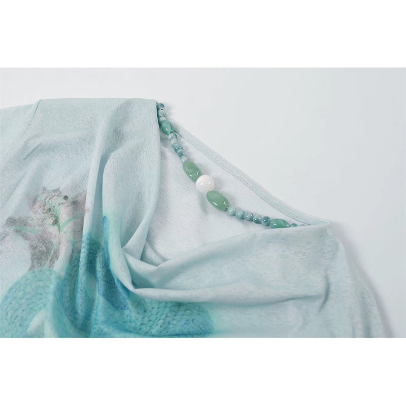 Snake Print Drape Collar Beaded Top