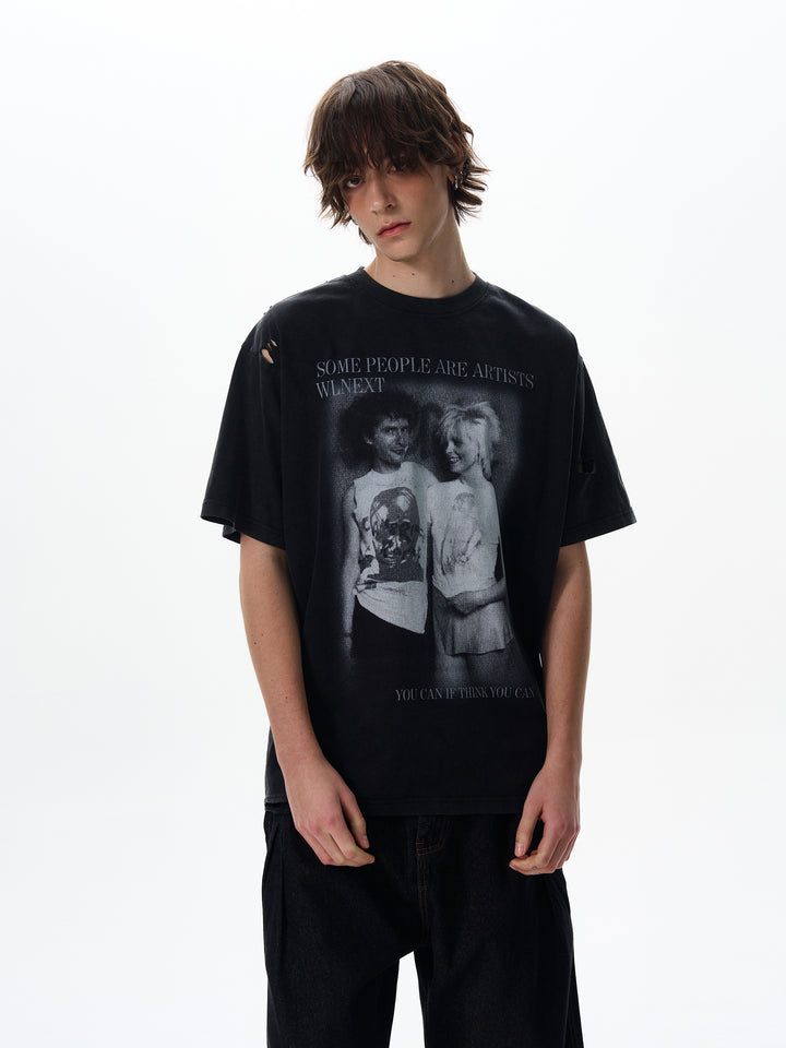 グラフィックプリントショートスリーブプルオーバーTシャツ