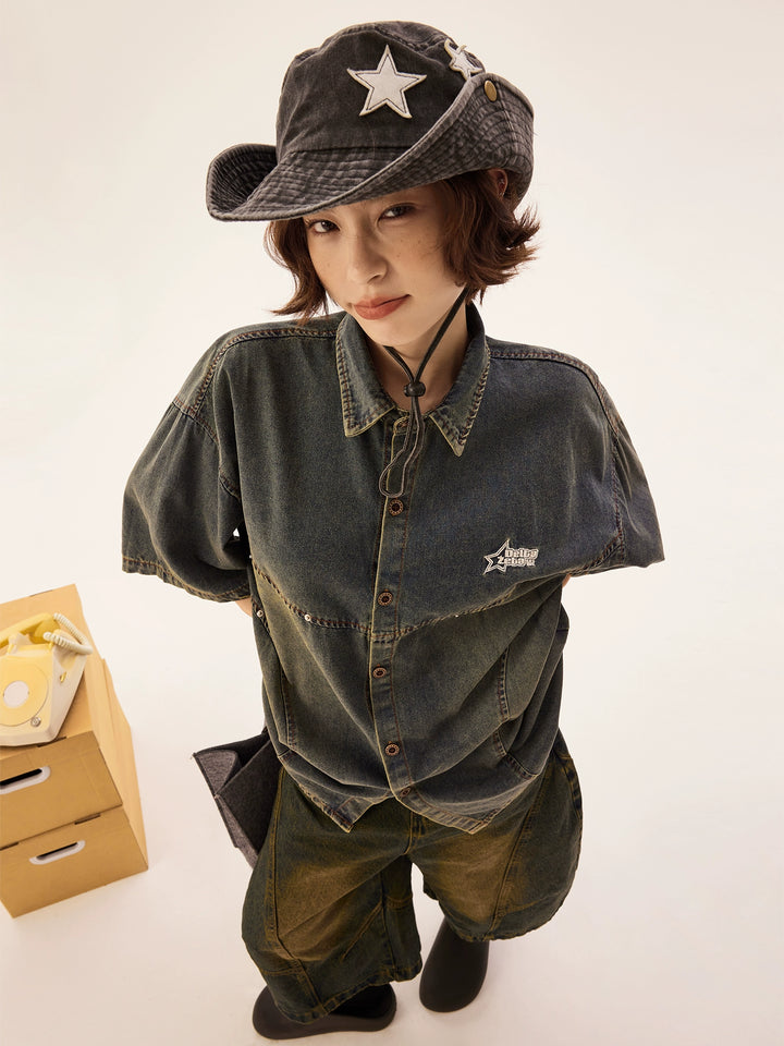 Retro Washed Denim Short Sleeve Shirt