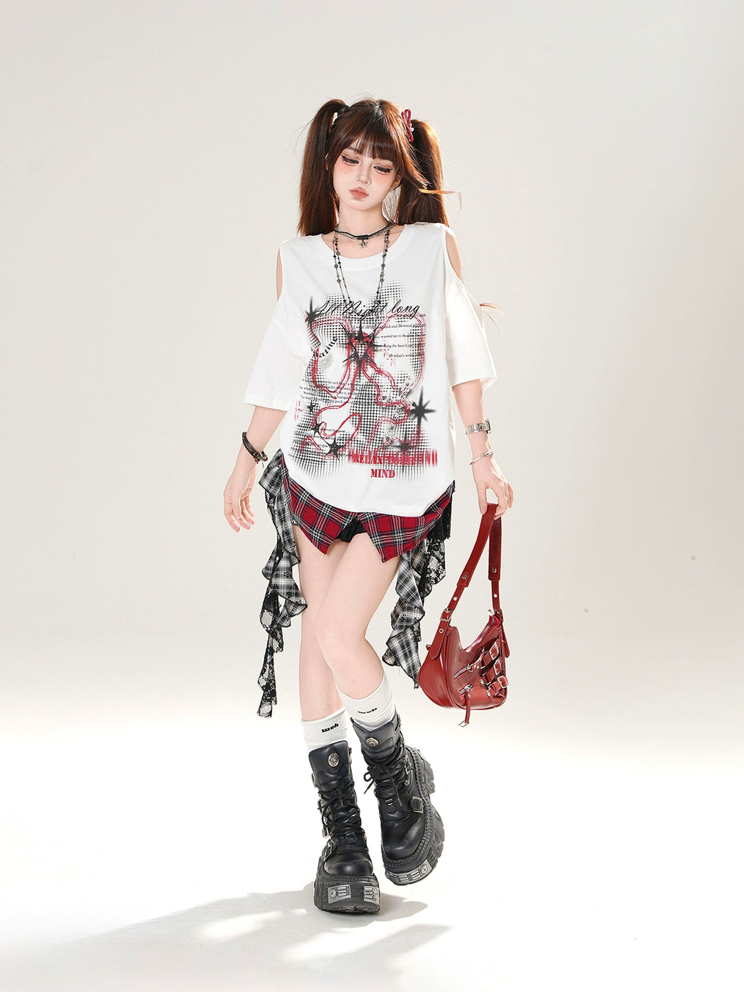 Cut Out Shoulder Plaid Graphic T-Shirt