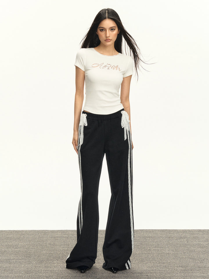 Retro Letter Lace Trim Slim T-Shirt