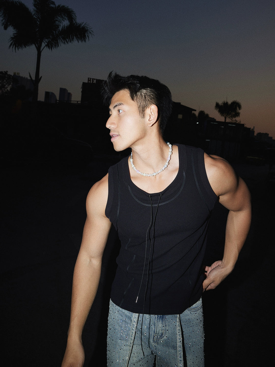 Retro Texture Sleeveless Drawstring Vest