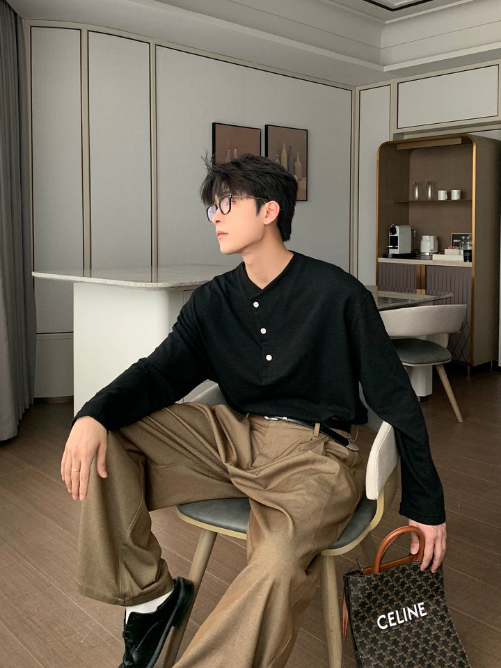 Textured Henley Long Sleeve Pullover Top