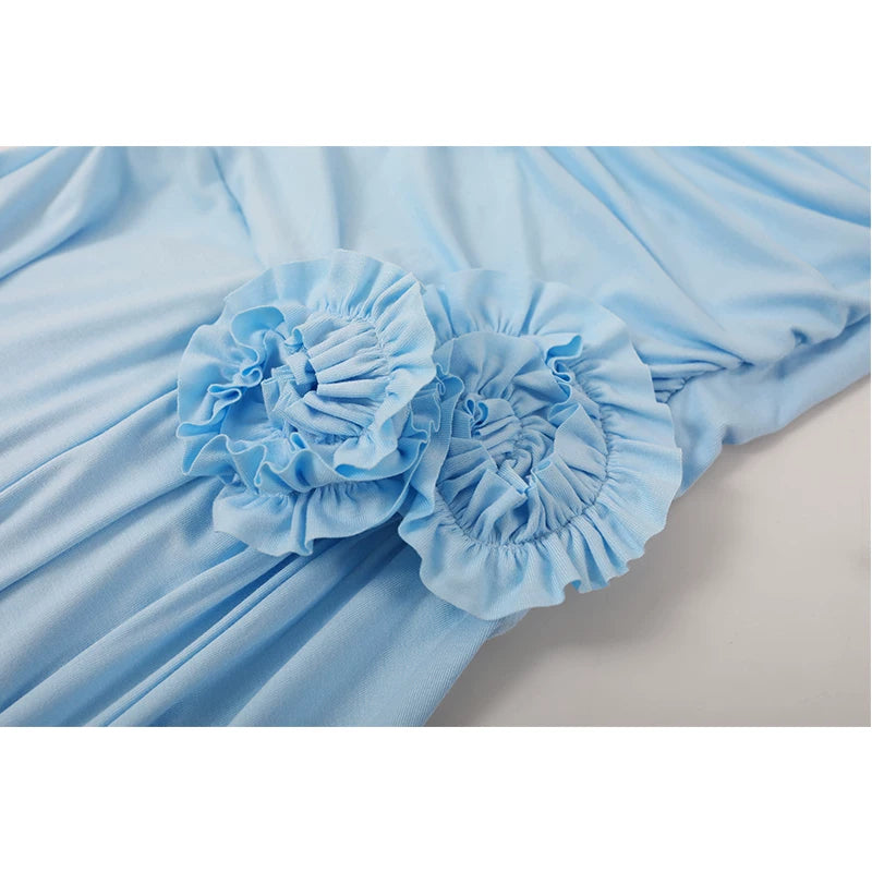 One-Shoulder Pleated Floral Long Dress